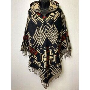 100% Wool Hooded Aztec Geometric Fringe Cape Poncho – Made in Nepal – One Size